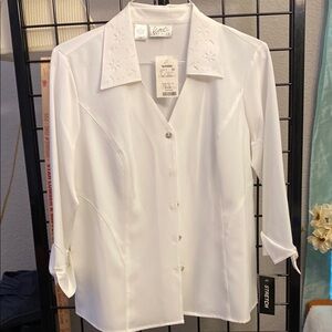 Kathy Che White 3/4 Sleeve Notched Collar Button Down Shirt